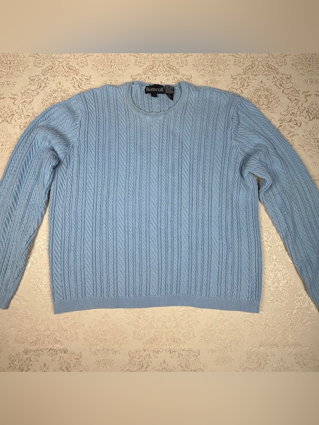 Vintage Wainscott Cable Knit Crewneck Sweater - Light Blue- Large